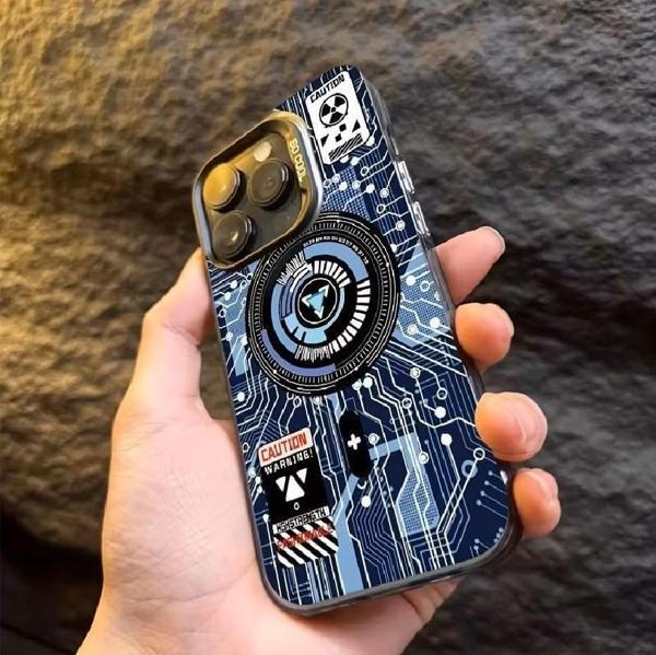 Teknolojik Devre Kartı Tasarımlı iPhone 15 Plus Uyumlu Kılıf, Darbeye Dayanıklı, Kir Tutmaz, Mavi-Siyah Desenli Koruyucu Telefon Kılıfı - Image 1