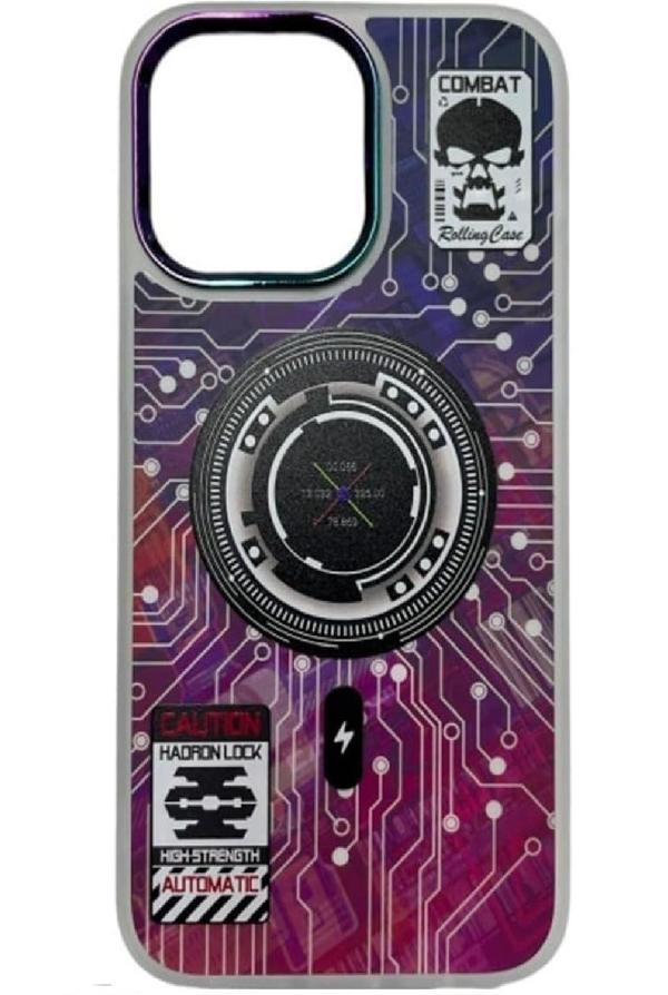 iPhone 11 Pro Max için MagSafe Uyumlu Koruyucu Kılıf, Teknoloji Temalı Pembe-Mor Devre Desenli, Rolling Case Serisi - Image 1