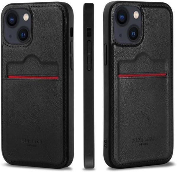 Kartlıklı Lüks Deri Kılıf, iPhone 14 Plus için, Siyah Renk, Kart Bölmeli Premium Koruyucu Telefon Kılıfı - Image 1