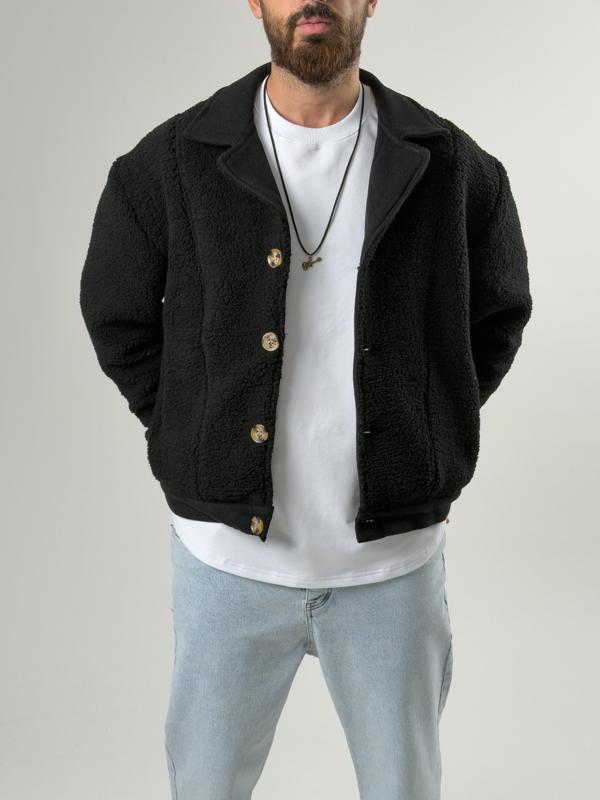 Erkek Kaşe Detaylı Siyah Peluş Hırka COC2586 - Image 1