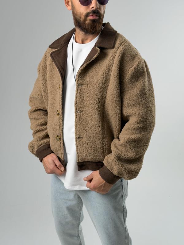 Erkek Kaşe Detaylı Kahverengi Peluş Hırka COC2578 - Image 1