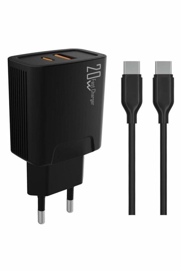 PDAteknoloji 20 watt USB + Type-C çıkışlı Hızlı Şarj Başlık Adaptör + 1m 3A Type-C to Type-C Kablo  (Yerli Üretim) KDR-4 - Image 1