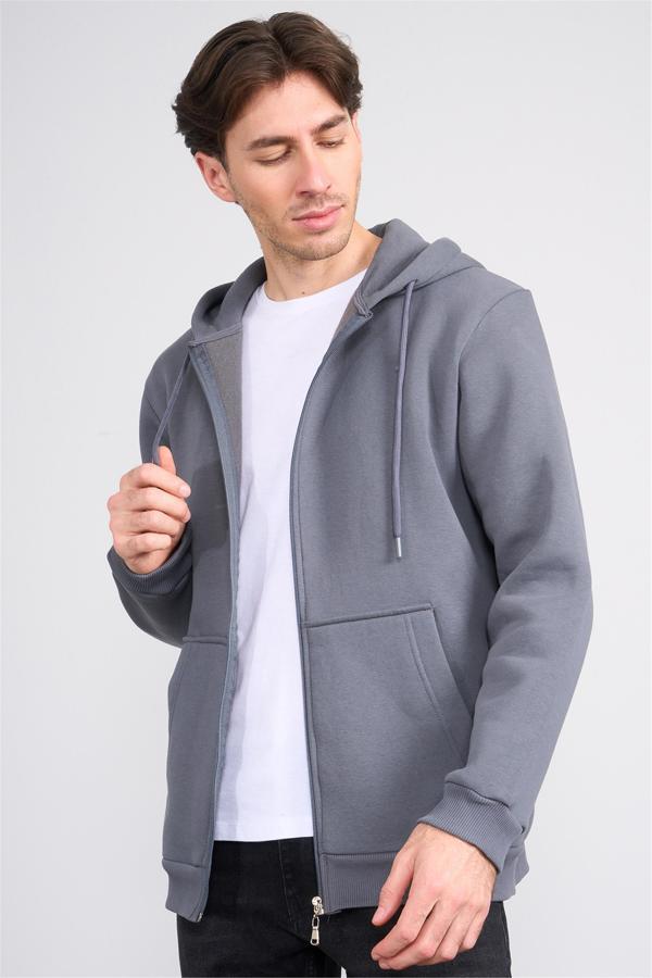 Çetinkaya Mentality 3034 Erkek 3 İplik Kapüşonlu Fermuarlı Sweatshirt Koyu Gri - Image 1