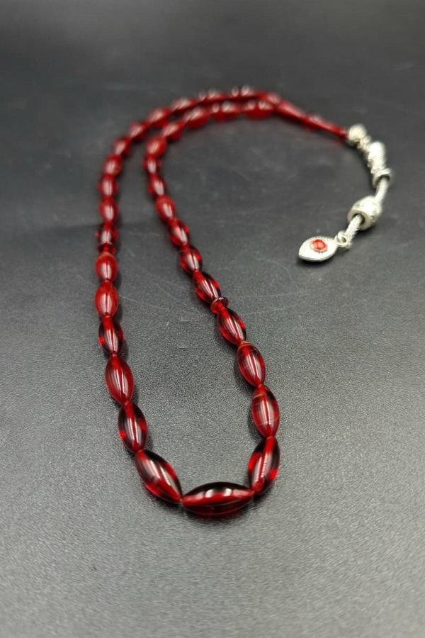 Kırmızı Arpa Kesim Alpaka Püskül Kehribar Tespih - Image 1