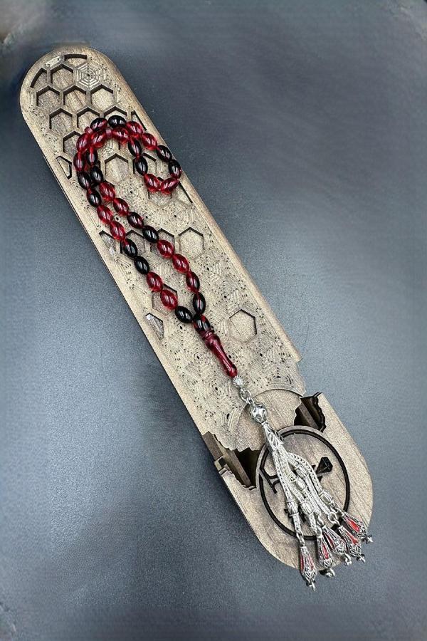 Kırmızı Siyah Arpa Kesim Ateş Kehribar Tespih ( AHŞAP KUTULU) - Image 1