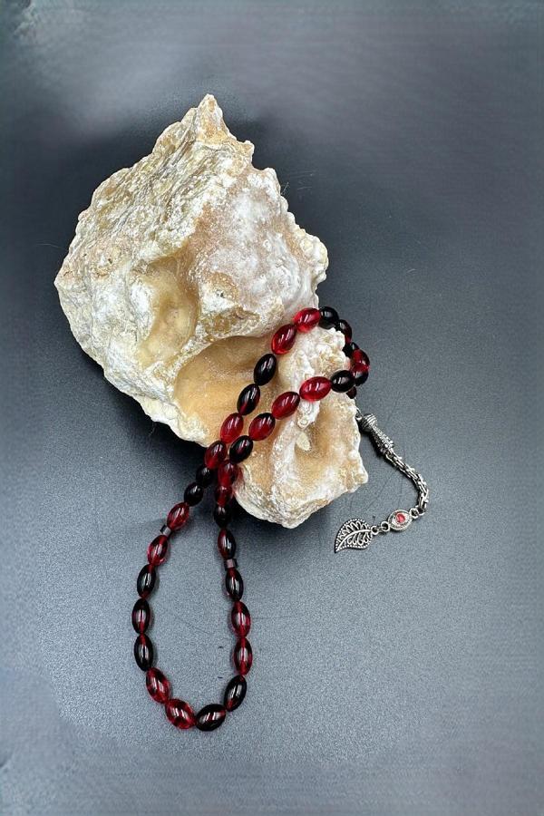 Siyah Kırmızı Ateş Kehribar Tespih (AHŞAP KUTULU) - Image 1