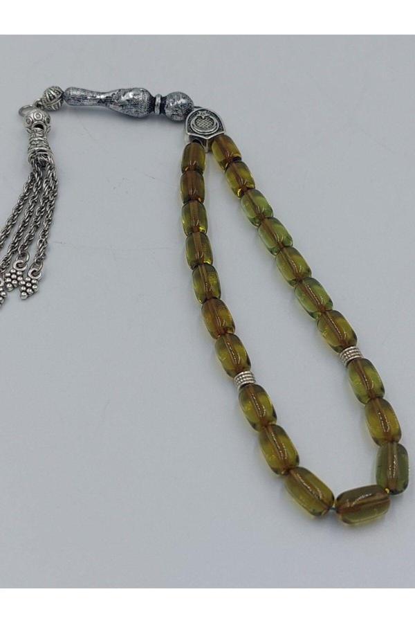 Şeffaf Yeşil Bilek Boy Alpaka Püskül Kehribar Tespih (Ahşap Kutu) - Image 1