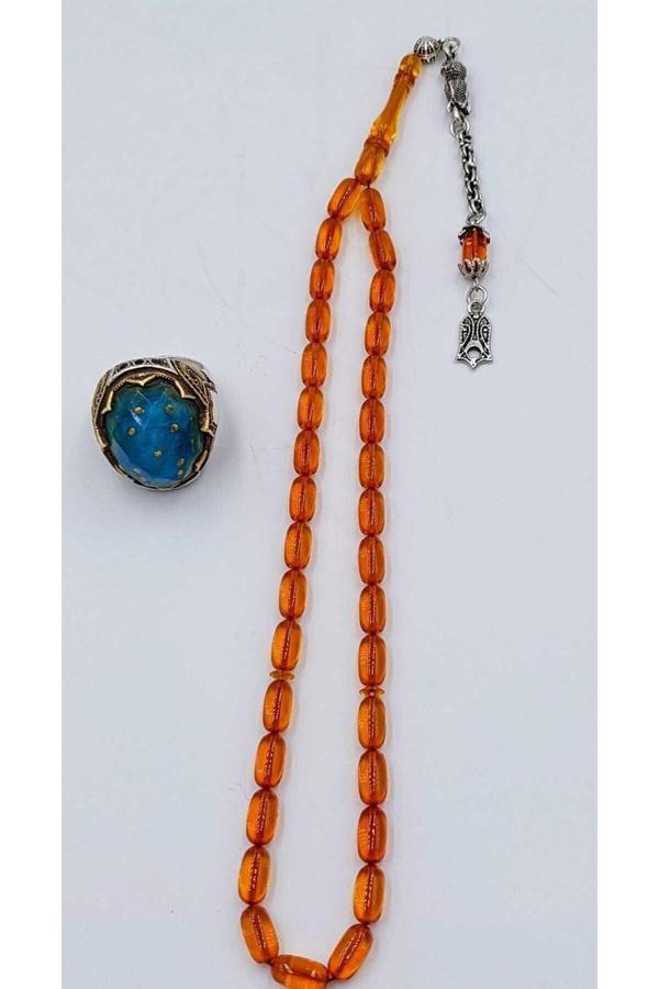 Turuncu Kapsül Kesim Alpaka Püskül Kehribar Tespih (AHŞAP KUTULU) - Image 1