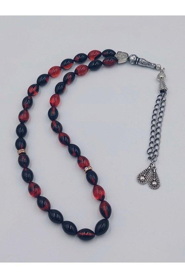 Alpaka Püskül Siyah Kırmızı Arpa Kesim Ateş Kehribar Tespih (AHŞAP KUTULU) - Image 1