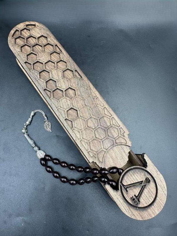 Alpaka Yaprak Püskül  Ateş Kehribar Tespih (Ahşap Kutulu) - Image 1