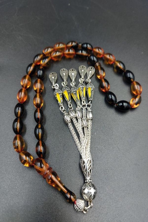 Arpa Kesim Sarı-Siyah Altılı Alpaka Püsküllü Tespih - Image 1