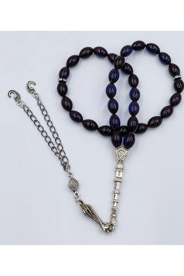 Arpa Kesim Siyah/mavi Çift Alpaka Püsküllü Ateş Kehribar Tespih - Image 1