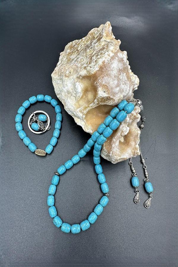 Mavi Ceyt Taşı Alpaka Püskül Tespih Anahtarlık Ve Bileklik - Image 1