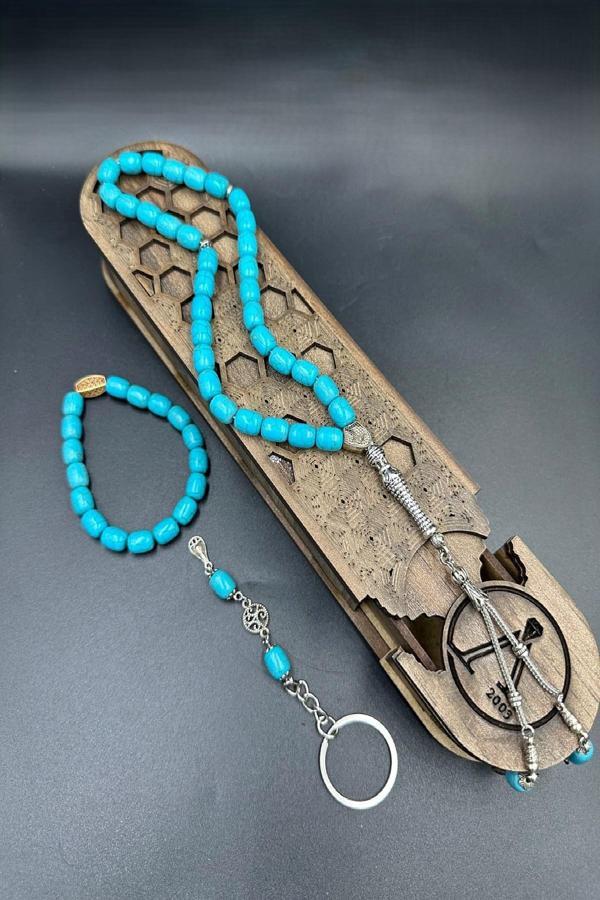 Mavi Ceyt Taşı Set Alpaka Püskül Tespih (Ahşap Kutulu) - Image 1