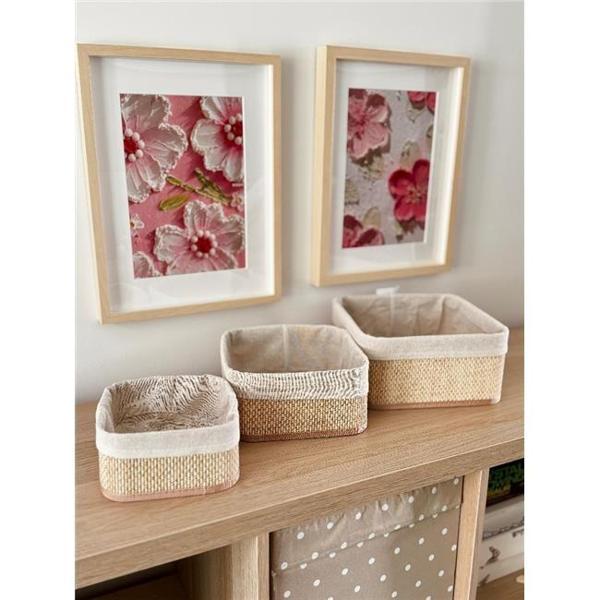 Akayev Beige Hasır 3Lü Kare Sepet - Image 1