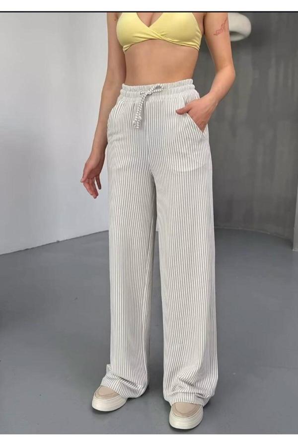 Gamzeli Renklerim Çizgili Bol Paça Pantolon Likralı Rahat - Image 1