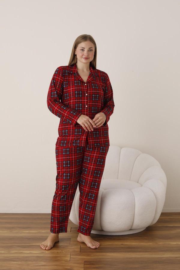 Gawzera Boyraz Battal Beden Gömlek Yaka Önü Düğmeli Pijama Takımı - Image 1