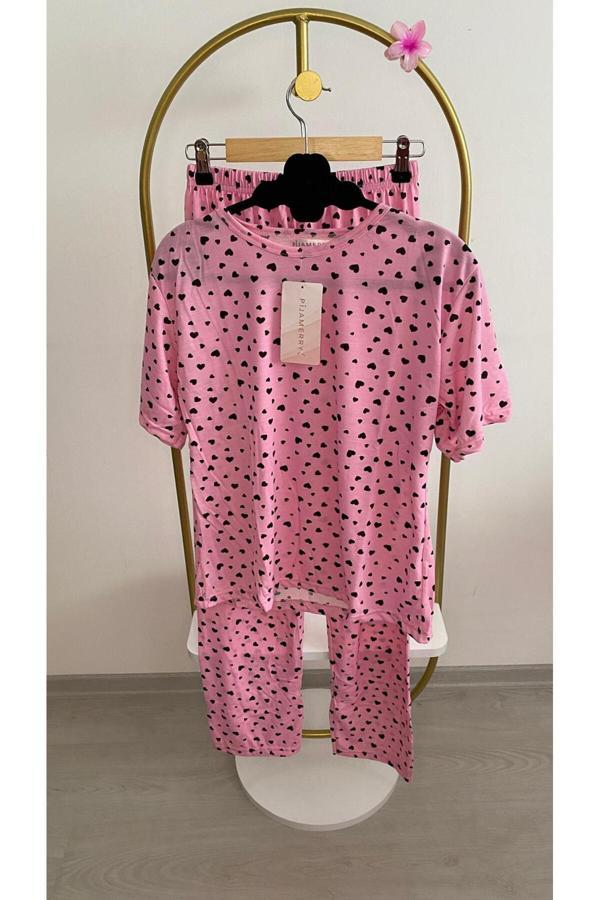 Cavlak Siyah Kalpli Pembe Kısa Kol Pijama Takımı - Image 1