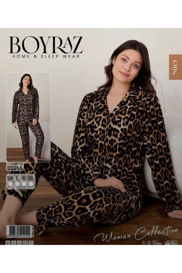 Boyraz Leopar Desenli Süet Düğmeli Pijama Takımı - Image 1