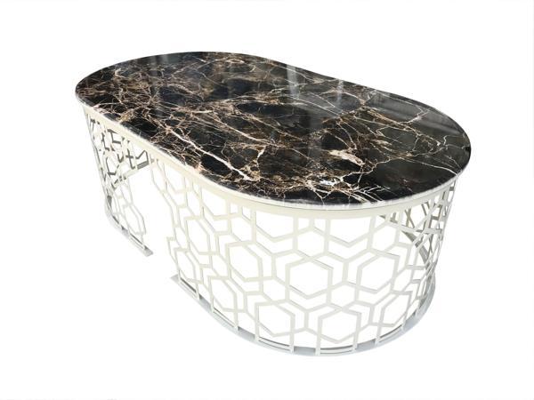 Bengi Ticaret Orta Sehpa 13760 GEOMETRİK Model Metal Siyah Osmanlı Motif beyaz MDF tabla - Image 1
