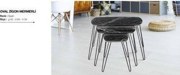 Zigon OSM 11774 OVAL Model Parlak Siyah mermer Mdf tabla Metal V ayak El Yapım - Image 1