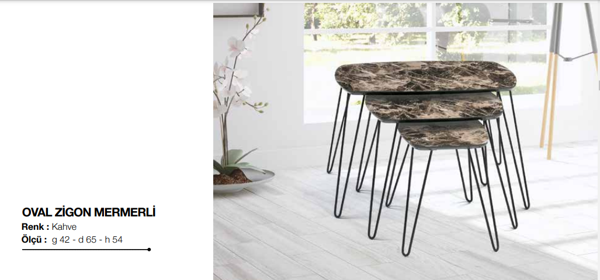 Zigon OSM 11775 Oval sehpa Parlak Ahşap Mermer Desen Kahve Mdf tabla Metal V ayak - Image 1