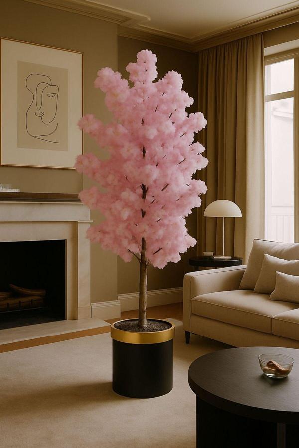 YAPAY PEMBE BAHAR DALI 150 CM YOGUN YAPRAKLI LUX SAKSIDA - Image 1