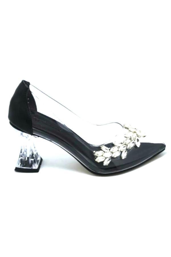 248101 Siyah Kadın Şeffaf Taşlı Abiye Ayakkabı - Image 1