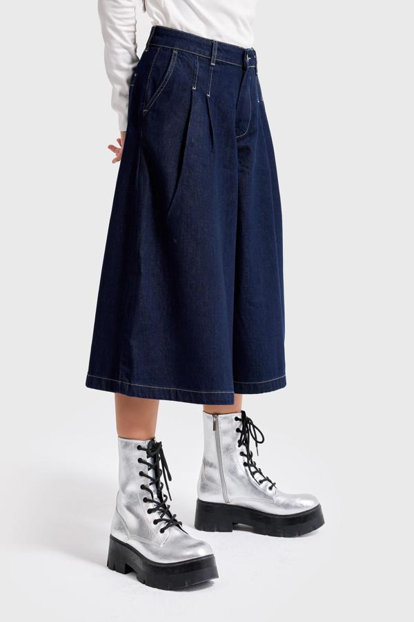 Kadın İndigo Renk 7s6-50 Baggy Fit Pileli Uzun Denim Bermuda Jean - Image 1