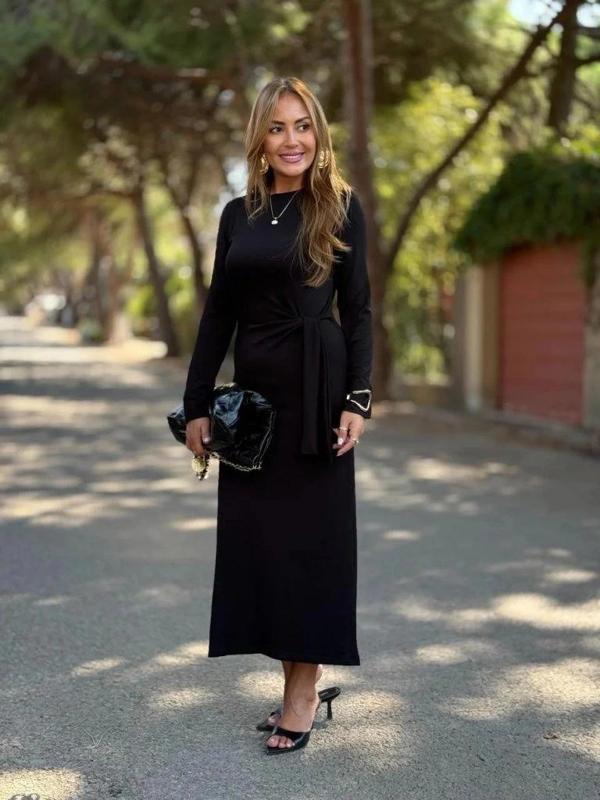 MDB Kadın Uzun Kollu Bisiklet Yaka Yandan Bağlamalı Uzun Modal Elbise - Image 1