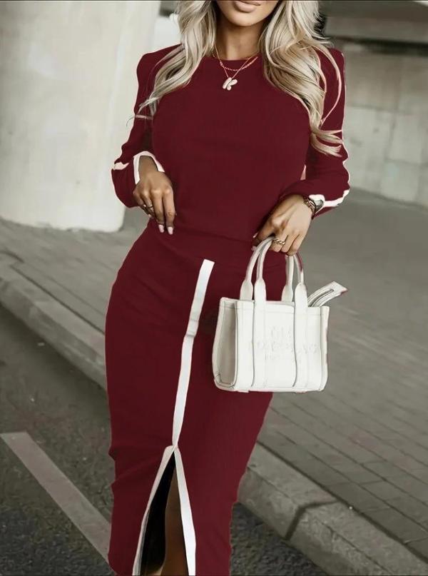 MDB Kadın Uzun Kollu Bisiklet Yaka Kaşkorse Bluz Ve Yırtmaçlı Etek Ikili Takım - Image 1