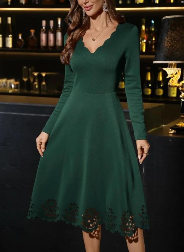 MDB Kadın Uzun Kollu V Yakalı Lazer Kesim Detaylı Midi Ithal Krep Elbise - Image 1