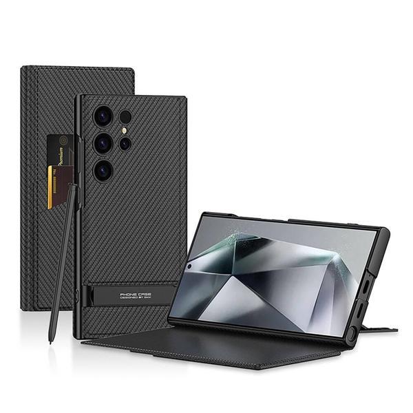 Galaxy S24 Ultra Kılıf Kamera Korumalı Karbon Tasarım MKST Droga Standlı Kartlıklı Kapaklı Kılıf - Image 1