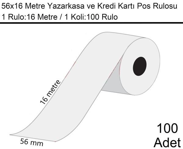 56x16 Metre Termal Kredi Kartı ve Yazarkasa Pos Rulosu1 Koli:100 Adet Rulo - Image 1