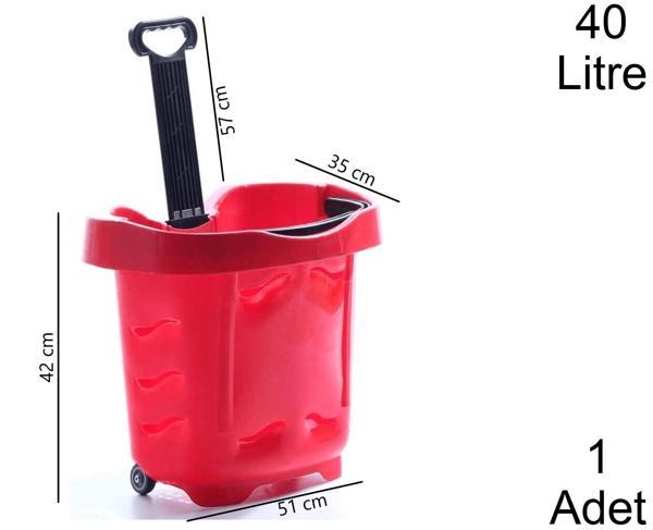 40 Litre 2 Tekerlekli Plastik Alışveriş El Sepeti Kırmızı 1 Adet - Image 1