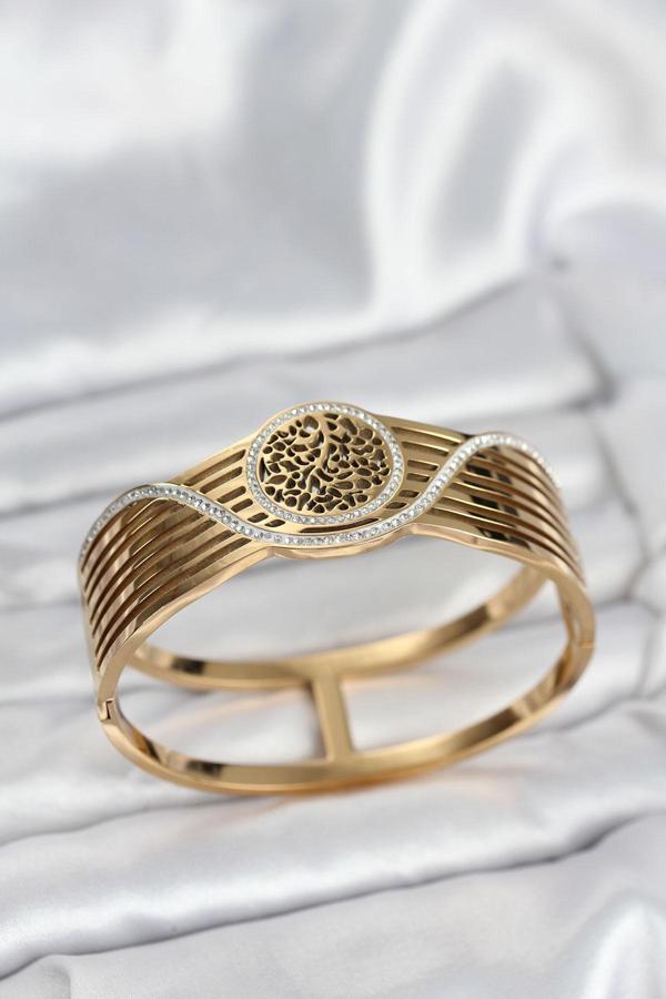 Gold Renk Yaşam Ağacı Modelli Kadın Kelepçe Bileklik - EBJ251025W38289 - Image 1