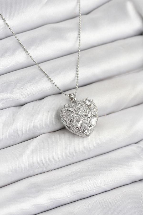 Zincir Gümüş Zirkon Taşlı Kalpli Kadın Kolye - EBJ251025W38313 - Image 1