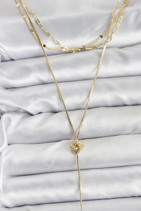 Pirinç Gold Renk Düğüm Model Detaylı 3'lü Kombin Y Kadın Kolye - EBJ251115W38426 - Image 1