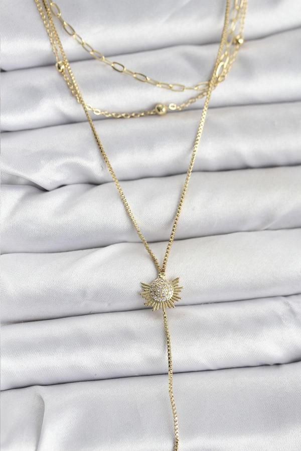 Pirinç Gold Renk Zirkon Taşlı Güneş Model Detaylı 3'lü Kombin Y Kadın Kolye - EBJ251115W38431 - Image 1