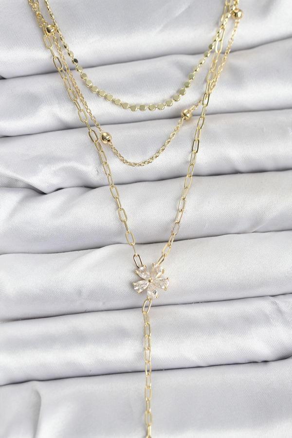 Pirinç Gold Renk Zirkon Taşlı Çiçek Model Detaylı 3'lü Kombin Y Kadın Kolye - EBJ251115W38430 - Image 1