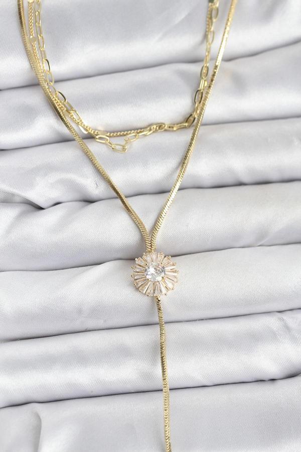 Pirinç Gold Renk Zirkon Taşlı Papatya Model Detaylı 3'lü Kombin Y Kadın Kolye - EBJ251115W38429 - Image 1