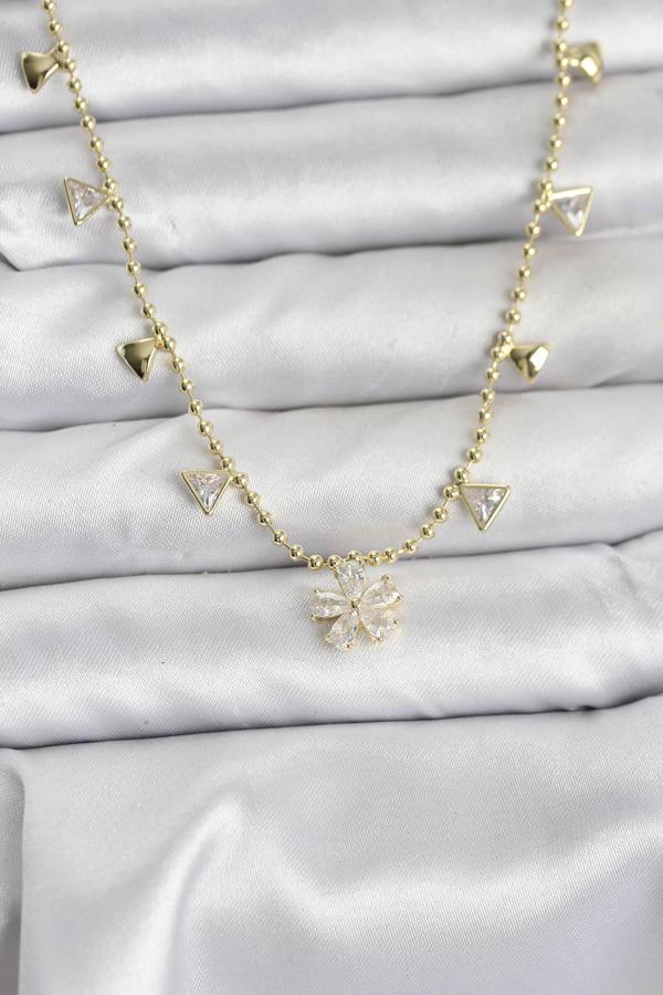 Pirinç Gold Renk Zirkon Taşlı Çiçek Model Kadın Kolye - EBJ251115W38372 - Image 1