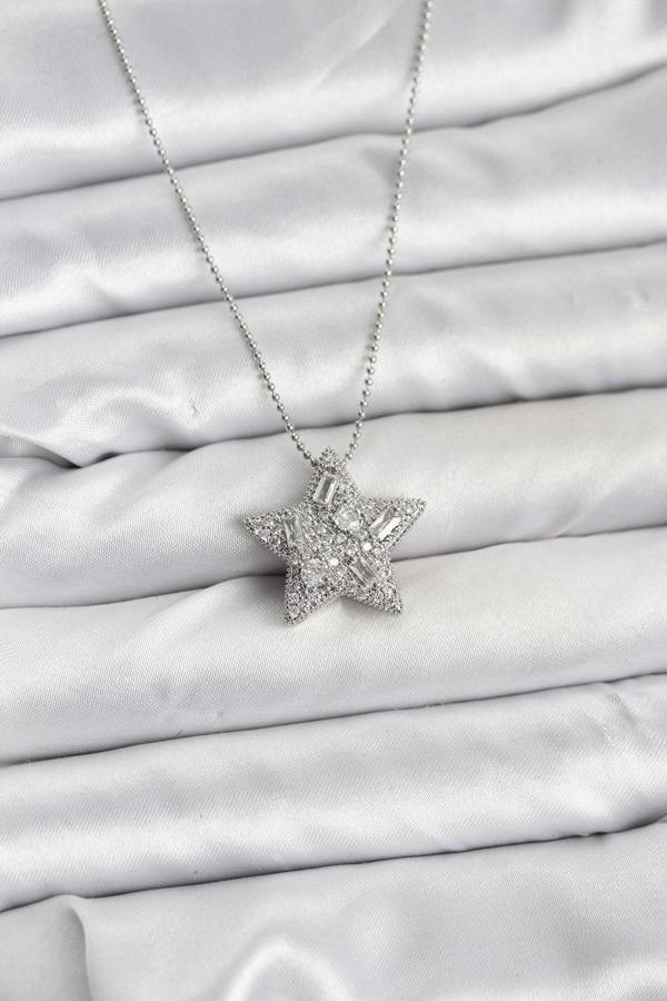 Zincir Gümüş Renk Zincirli Gümüş Yıldız Model Kadın Kolye - EBJ251115W38411 - Image 1