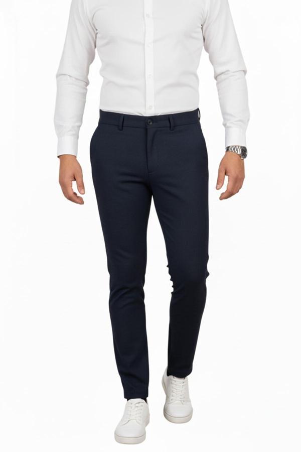 DeepSEA Lacivert Dar Kesim Beli Lastikli Çizgi Dokulu Likralı Erkek Pantolon – Şık & Konforlu Tasarım 2600700 - Image 1
