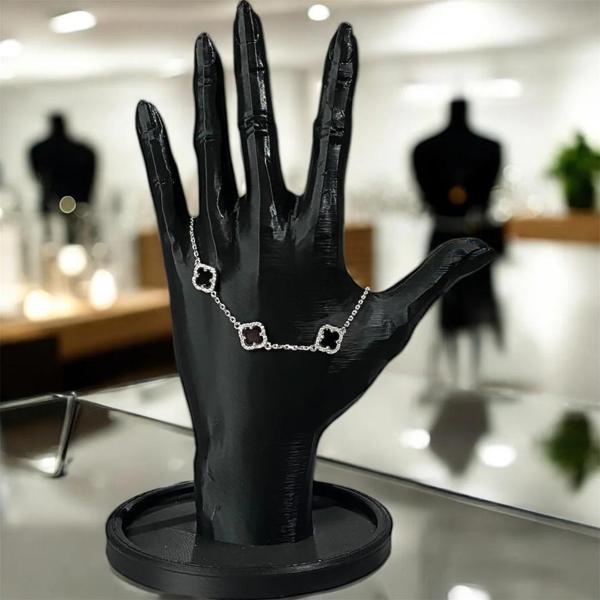 925 Ayar Gümüş  Siyah Taşlı Şanslı Yonca Van Cleef Zirkon Taşlı Bileklik - Image 1