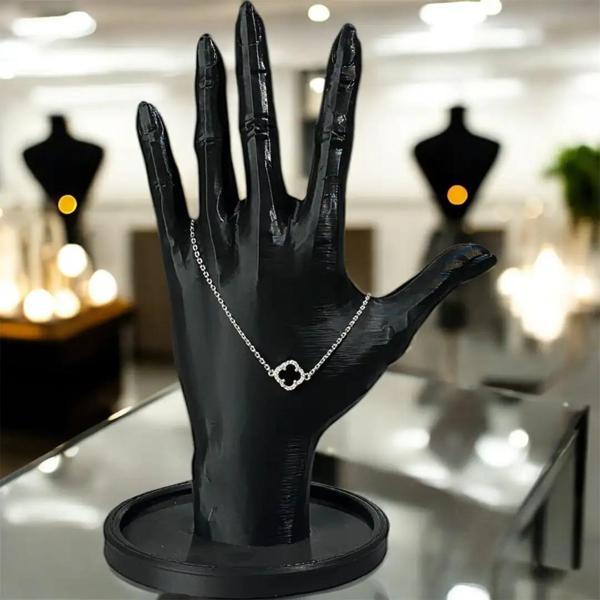 925 Ayar Gümüş Siyah Taşlı Şanslı Yonca Van Cleef Zirkon Taşlı Minimalist Bileklik - Image 1