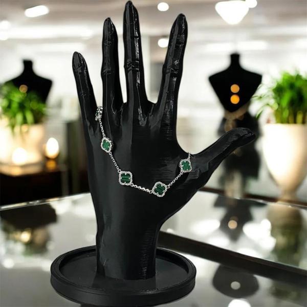 925 Ayar Gümüş Malahit Taşlı Şanslı Yonca Van Cleef Zirkon Taşlı Bileklik - Image 1