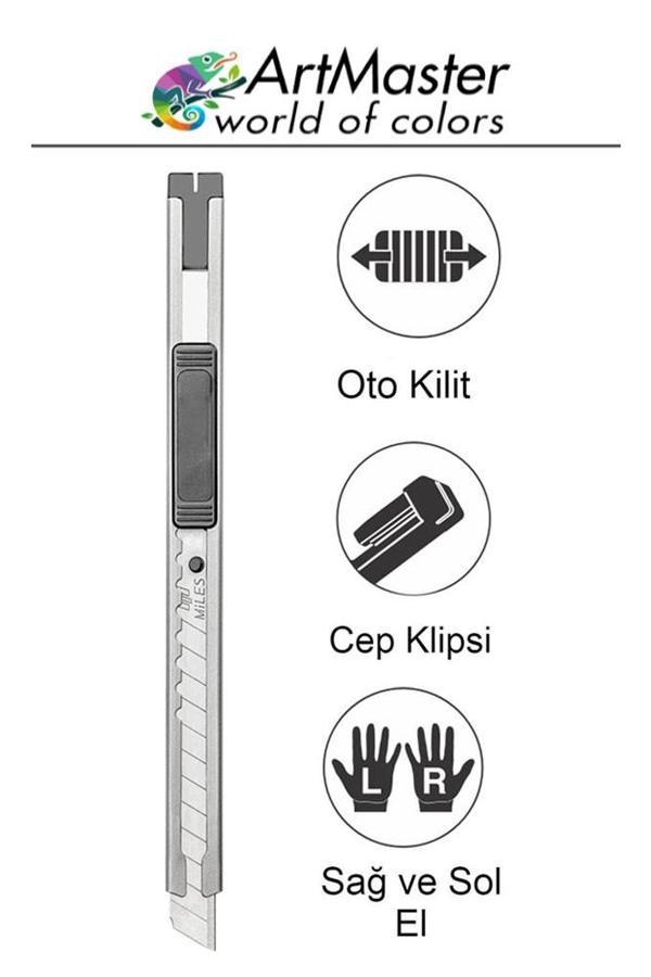 Maket Bıçağı Metal Cep Boy 9mm Falçata Kaymaz Kilitli Paslanmaz Dar 9mm Bıçaklı Maket Bıçağı Metal Falçata Küçük Boy - Image 1