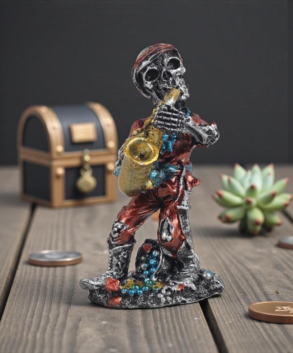 Karayip Korsanları Saksafoncu Müzisyen Kurukafa Heykel Masaüstü Biblo 17 cm – Ev Ofis İş Hediyesi A - Image 1