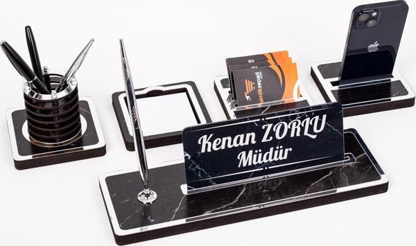 Mermer Desenli 5 Parça Ahşap Masa İsimliği Gümüş Ofis İsimlik - Image 1